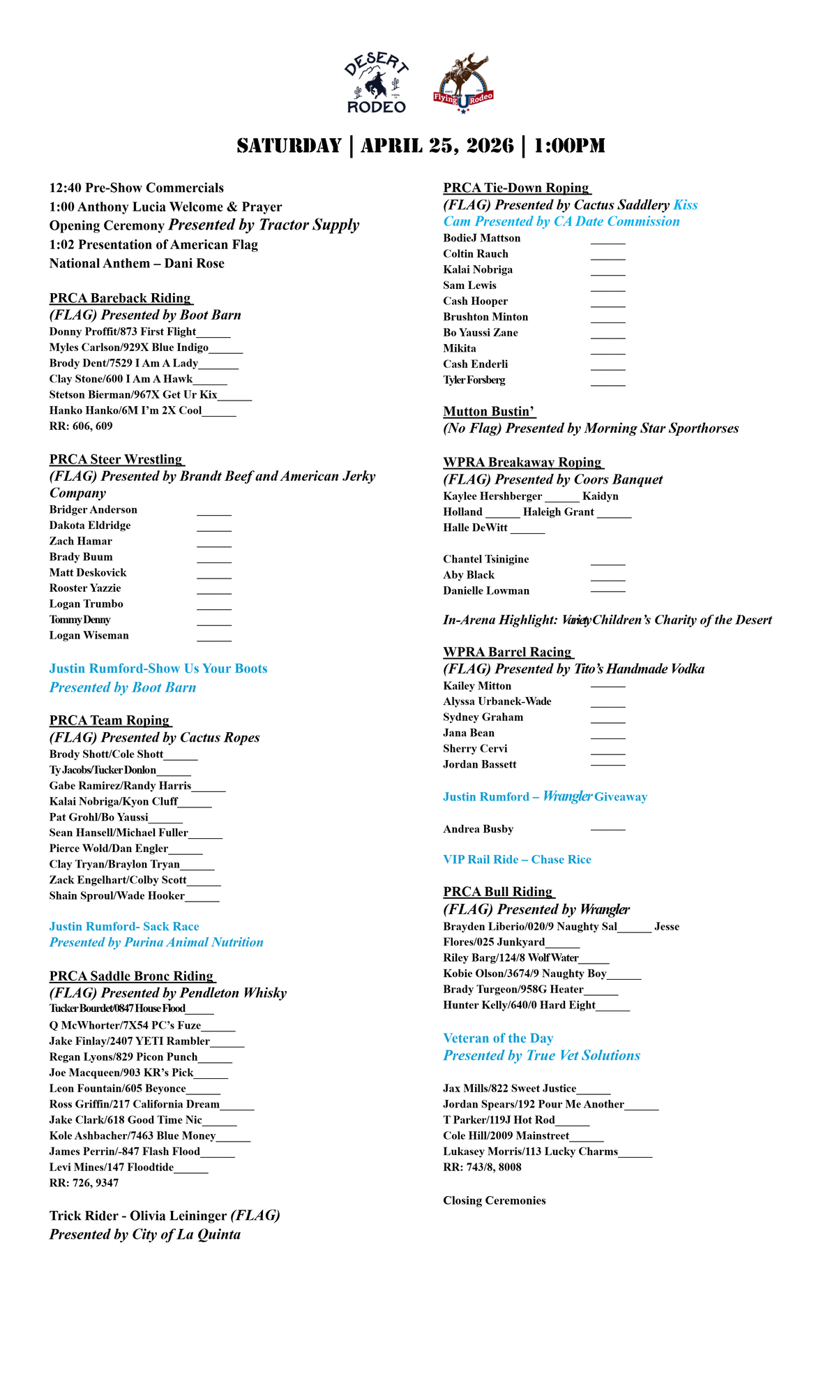 Desert Rodeo Daysheet